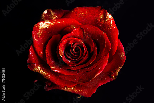 Fototapeta Naklejka Na Ścianę i Meble -  Rose with gold paint petals. Closeup of golden roses on black background. Creative gold rose wallpaper. Gold roses flower, decorative rose design element, rose pattern.