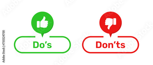 Do's and Don'ts buttons with like and dislike symbols color. Do's and Don'ts buttons with thumbs up and thumbs down symbols. Check box icon with thumbs up and down sign with do and don't buttons.