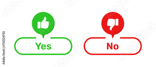 Yes and No buttons with like and dislike symbols green and red color. Yes and No buttons with thumbs up and thumbs down symbols. Check box icon with thumbs up and down symbol with yes and no buttons. photo