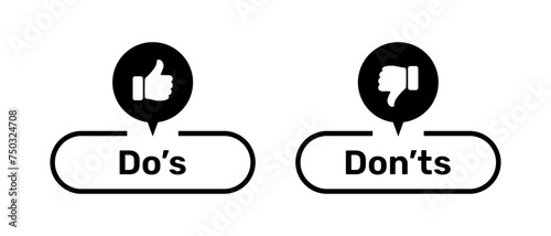 Do's and Don'ts buttons with like and dislike symbols black color. Do's and Don'ts buttons with thumbs up and thumbs down symbols. Check box icon with thumbs up and down sign with do and don't buttons