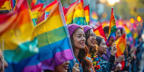 Pride Parade with Rainbow Flags. Crowd celebrating at a pride parade, holding various rainbow flags, symbolising LGBTQ+ diversity and rights.