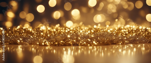 Abstract close-up of golden  glittering lights reflecting on a smooth surface.