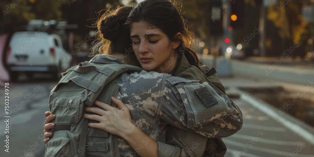 woman is hugging her soldier, generative AI
