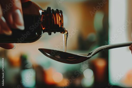 Medicine syrup being poured into a spoon from a bottle photo
