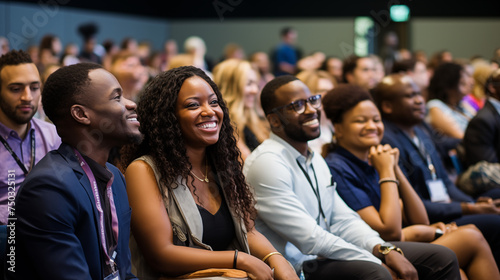 In a bustling conference hall, a diverse group of entrepreneurs gather for a business seminar, animated discussions and laughter filling the air as they connect .