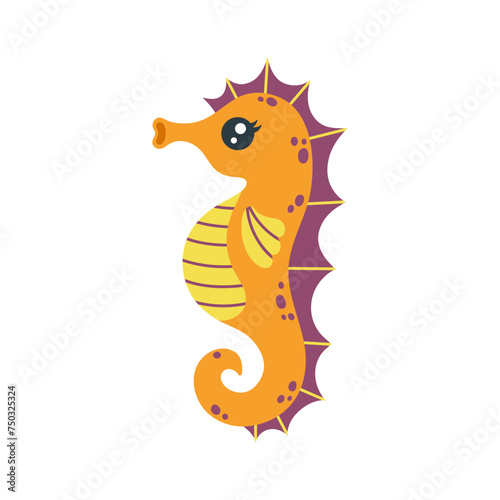 Seahorse vector illustration. Cute underwater animal with a curled tail, striped belly, fin. Funny aquarium pet, ocean fish. Hand drawn illustration. Flat cartoon clipart for kids. Isolated on white