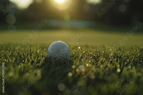 Sunlit golf ball on green grass near a hole