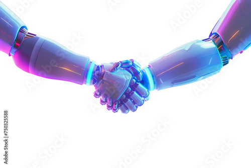 The handshake of two robots arms with neon lights