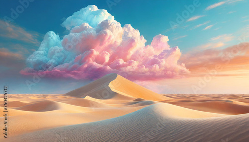 concept of surreal in sandy desert. Soft pastel colors ,Beautiful cloud with blue sky and pink clouds , fantastic desert