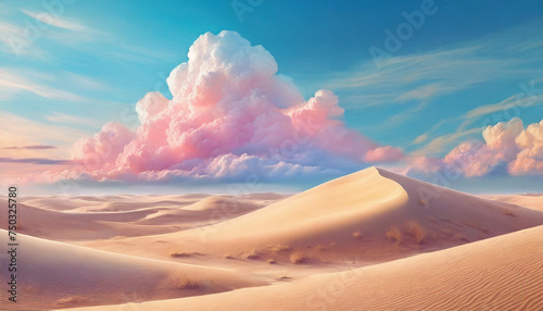 concept of surreal in sandy desert. Soft pastel colors ,Beautiful cloud with blue sky and pink clouds , fantastic desert photo