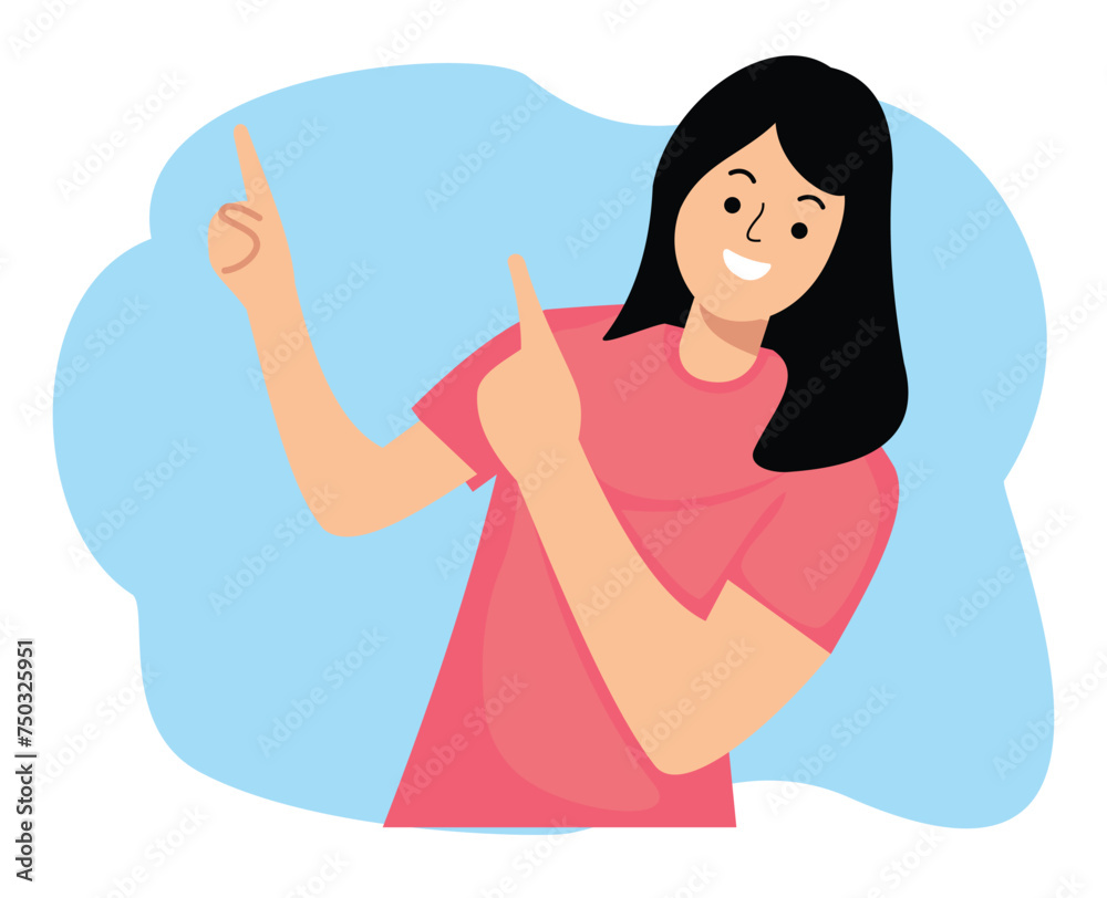 Obraz premium excited woman with hands fingers direct up empty space background