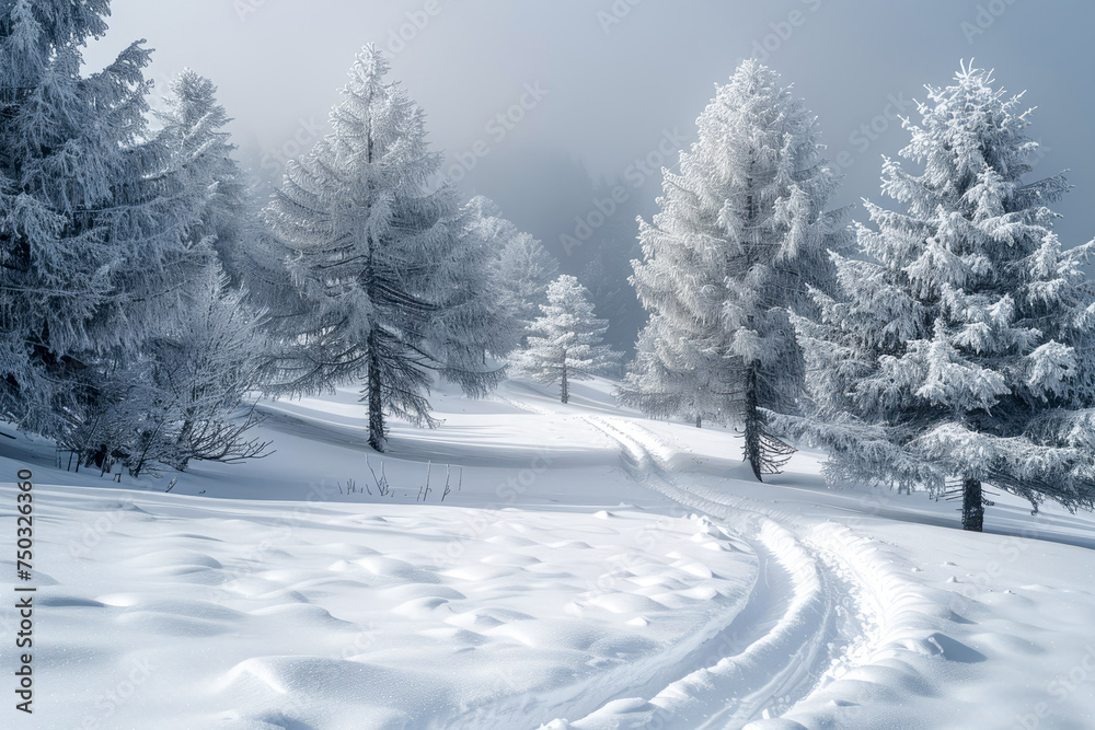 A wintery landscape with a forest path.