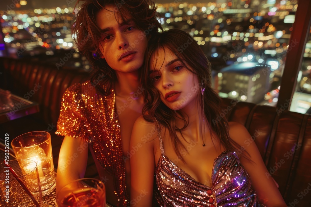 Glamorous Young Couple in Sequined Outfits Enjoying Nightlife with City Lights Background