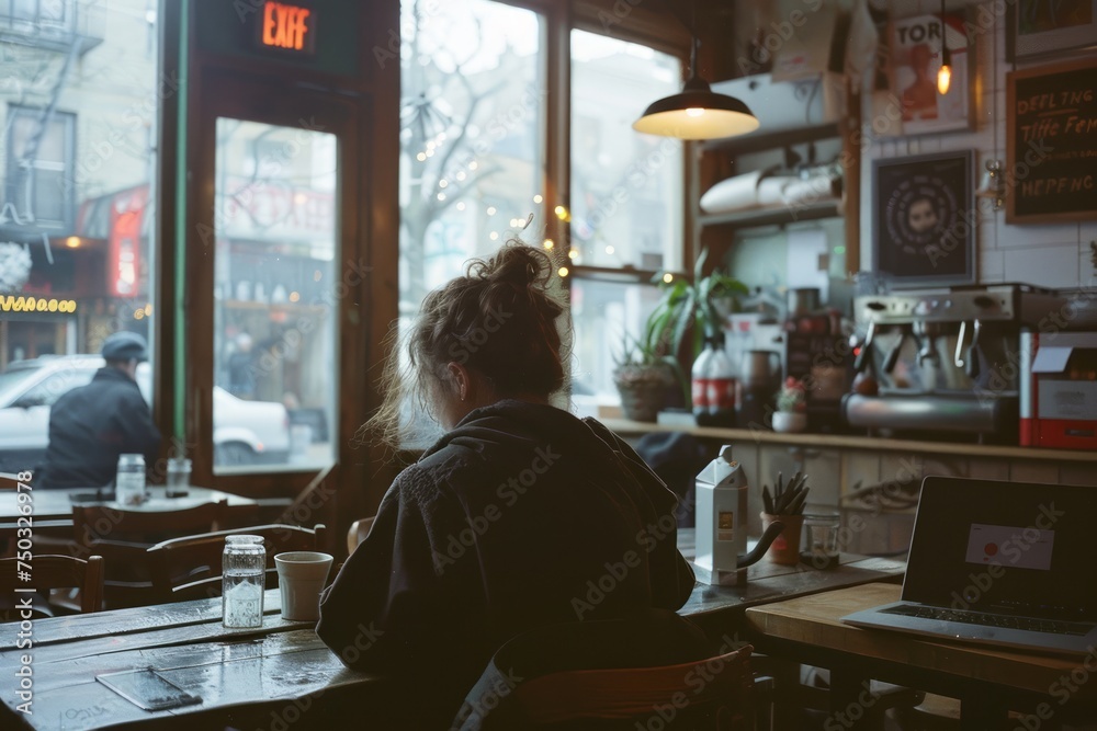 Young Woman Working on Laptop in Cozy Cafe Setting with City View, Casual Freelancer Lifestyle in Urban Coffee Shop, Comfortable Remote Work Scene
