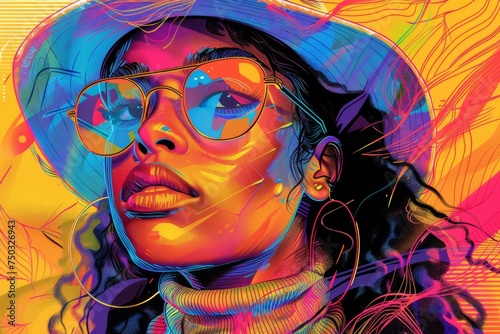 Vibrant Pop Art Style Portrait of a Fashionable Woman with Sunglasses and a Hat Against a Neon-Colored Abstract Background