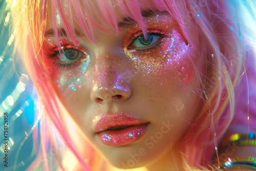 Close-up of a Young Woman with Pink Hair and Glitter Makeup in Vibrant Neon Light