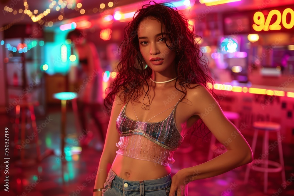 Stylish Young Woman Posing Confidently at Urban Night Scene with Neon Lights and City Vibe