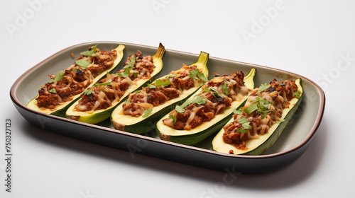 
Succulent meat-stuffed zucchini boats arranged neatly on a light-colored platter, set against a minimalist backdrop, with empty space surrounding the dish photo