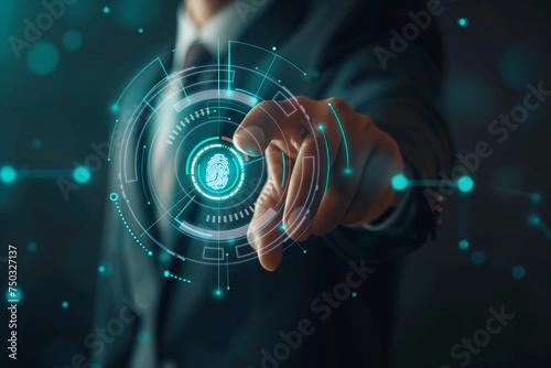 Cyber security system and data protection concept. Man using fingerprint scanning to access personal data with data center as background, biometric identity, data encryption for network security. photo