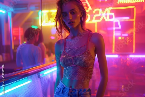 Fashionable Young Woman Posing in Neon Lit Nightclub with Trendy Outfit and Stylish Makeup, Urban Nightlife Concept photo