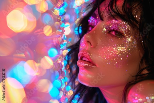 Close-Up Portrait of Young Woman with Glitter Makeup and Colorful Bokeh Lights