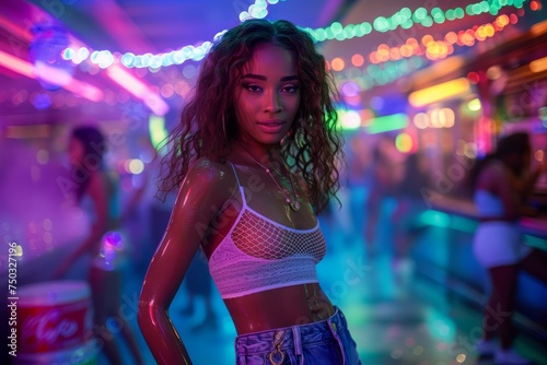 Stylish Young Woman Enjoying Nightlife Atmosphere in Neon-Lit Club with Friends, Energetic Party Mood, Fashion and Fun Concept