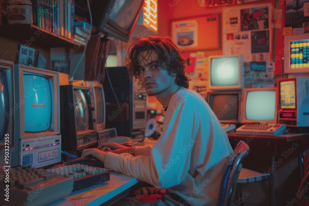 Young Man Working Intensely in Vintage Computer Room with Retro Technology and Moody Lighting