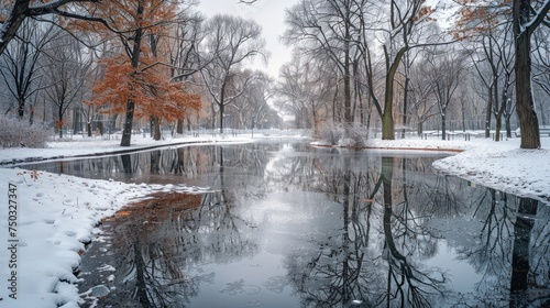 A serene winter scene unfolds in a city park, where a partially frozen river reflects the bare trees and a hint of autumn leaves