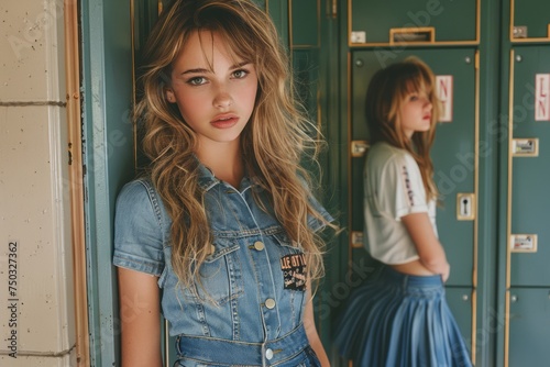 Fashionable Young Women Posing in Casual Denim Attire by Vintage Lockers, Trendy Female Friends Photoshoot © pisan