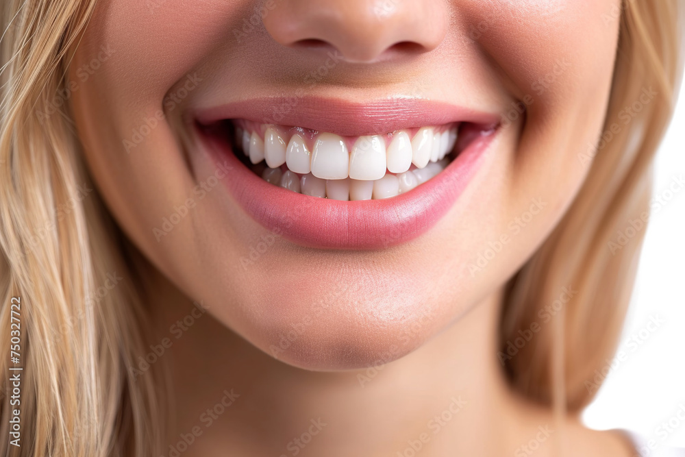 Closeup of female smile with white healthy teeth on white background. Laughing blonde girl face Closeup of female smile with white healthy teeth on white background. Laughing blonde girl face