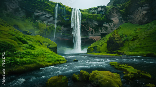 Majestic Waterfall in Lush Green Landscape . A breathtaking waterfall cascades down a verdant cliff  surrounded by vibrant green moss and foliage  creating a serene natural oasis. 