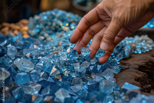 A hand grabs a blue gemstone from a pile on the table