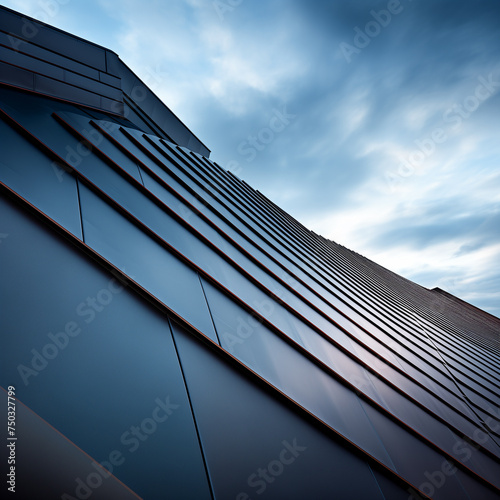 standing seam roof architecture, modern, building, design, geometric, angular, facade, residential, house, contemporary, lines, metal, cladding, windows, reflection, sky, clouds, sunset, dusk