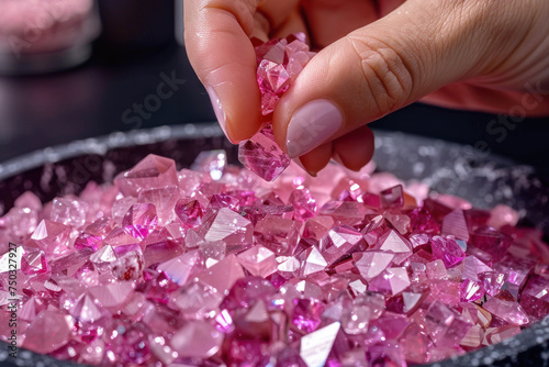 A hand grabs a pink gemstone from a pile on the table