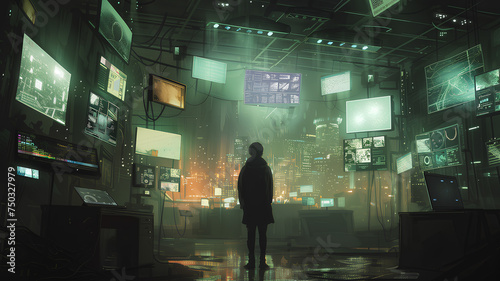 Futuristic Control Room Overlooking Cityscape
. A solitary figure stands in a high-tech control room filled with screens displaying various data, overlooking a neon-lit cityscape at night.
