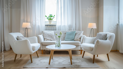 White sofa and armchairs in scandinavian style home interior design of modern living room.