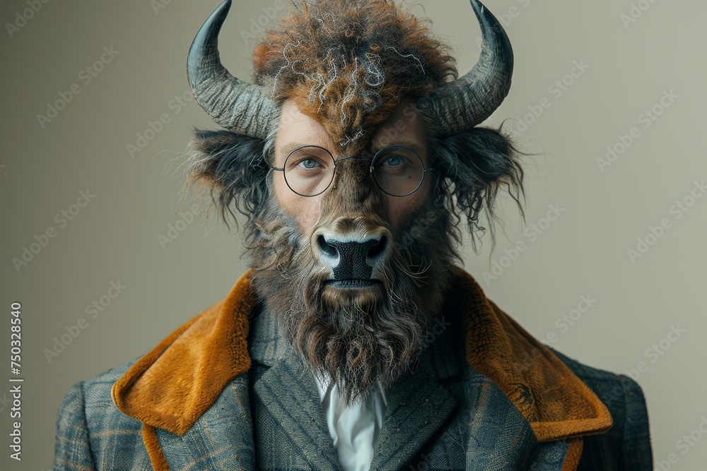 Portrait of Buffalo in suit. African buffalo wearing a suit. Hype realistic anthropomorphic animal portrait. Generative AI.