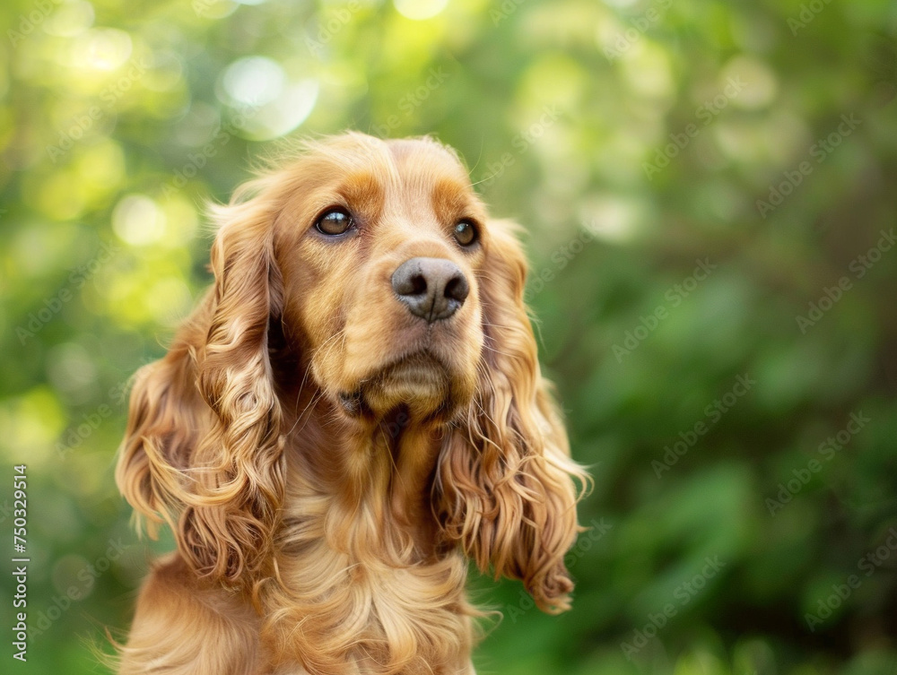 Cocker Spaniel with glossy ears and hopeful eyes, set against a lush, green background