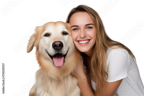 Portrait of beautiful women hugging cute dog with smile and hppiness isolated on background, lovely moment of pet and owner. © somsuda