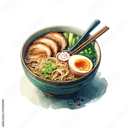 The bowl of ramen illustration showcases savory noodles, flavorful broth, and colorful toppings, evoking comfort, taste, and culinary delight.