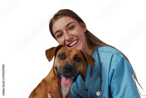 Portrait of beautiful women hugging cute dog with smile and hppiness isolated on background  lovely moment of pet and owner.