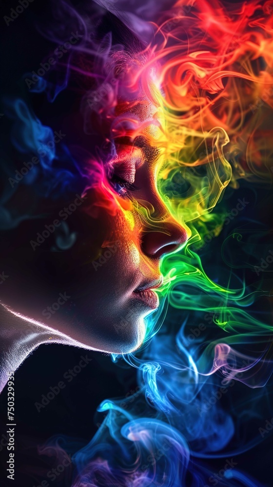 depicts a profile view of a person's face with eyes closed, surrounded by vibrant, multi-colored smoke swirling around the contours of their features. The smoke is rich in colors such as red depicts a profile view of a person's face with eyes closed, surrounded by vibrant, multi-colored smoke swirling around the contours of their features. The smoke is rich in colors such as red