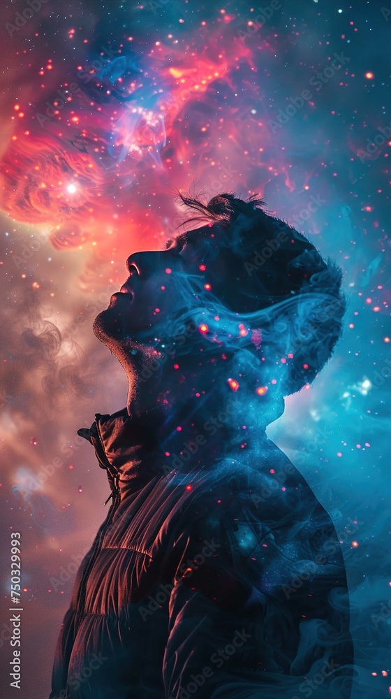Obraz premium shows a profile view of a person's head and upper body with a cosmic sky superimposed onto their silhouette. The person to be gazing upward, and the cosmic effect includes vibrant bl