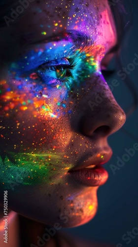 showcases a side profile of a person's face, illuminated by vibrant, multicolored light resembling sparkling glitter. Prominent colors include blues, greens, reds, and yellows, with small sp