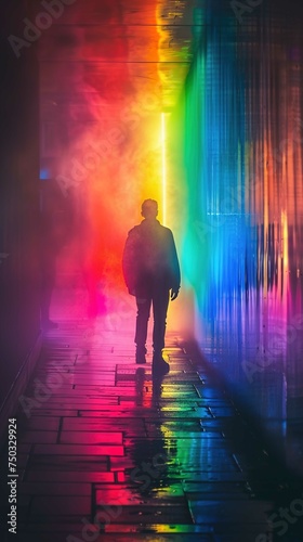 A person is walking on a wet pavement that reflects colorful lights, creating a rainbow effect. The setting seems to be an alleyway or a narrow urban street at night or during low-light conditions. Th