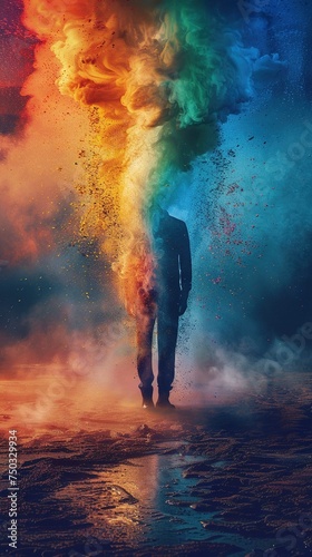 shows a silhouette of a person standing against a vibrant backdrop of colors resembling an explosion of multicolored dust or powder. The upper body gradually blends into this dynamic mixture