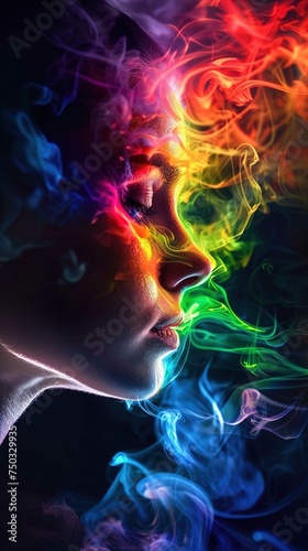 depicts a profile view of a person s face with eyes closed  surrounded by vibrant  multi-colored smoke swirling around the contours of their features. The smoke is rich in colors such as red