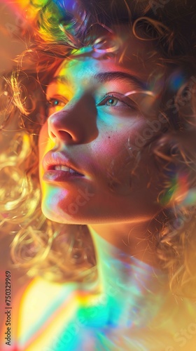 shows a close-up portrait of a person with visible curly hair and features illuminated by vibrant, multicolored light, creating a rainbow effect on the skin and hair. The person's gaze is di