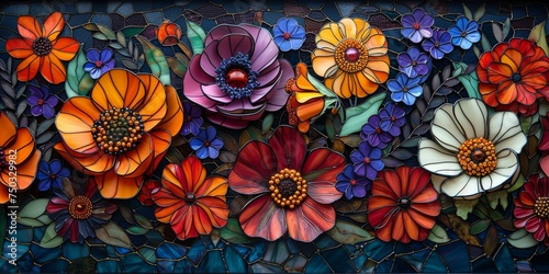 Colorful flowers in stained glass style. Floral illustration for spring, and summer background