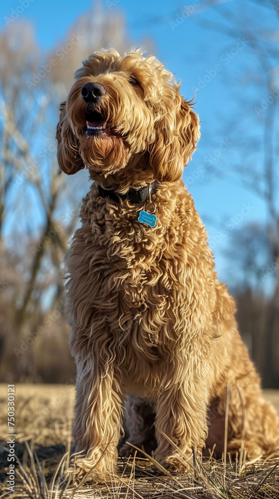 Golden doodles fluffy fur and cheerful demeanor, against the backdrop of a sunny day Golden doodles fluffy fur and cheerful demeanor, against the backdrop of a sunny day